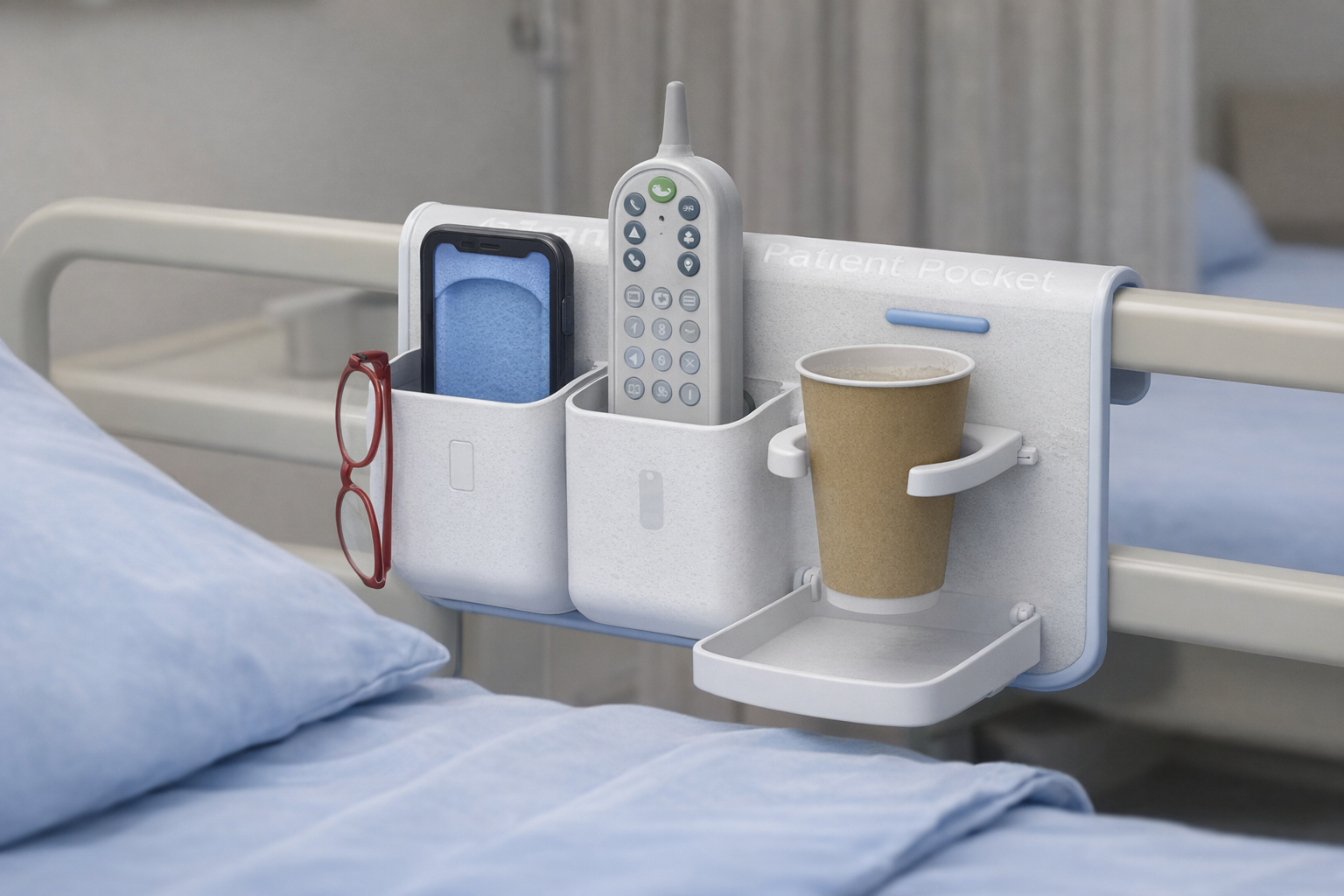 Atlyss Patient Pocket mounted on hospital bed rail
